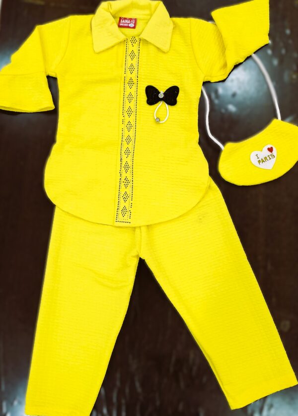 YELLOW CORD SET WITH CUTE PERS FOR BABY GIRL BEST QUALITY FABRIC VERY BEAUTIFUL DRESS FOR BABY GIRL THE FABRIC IS GREAT FOR EVERY SEASON